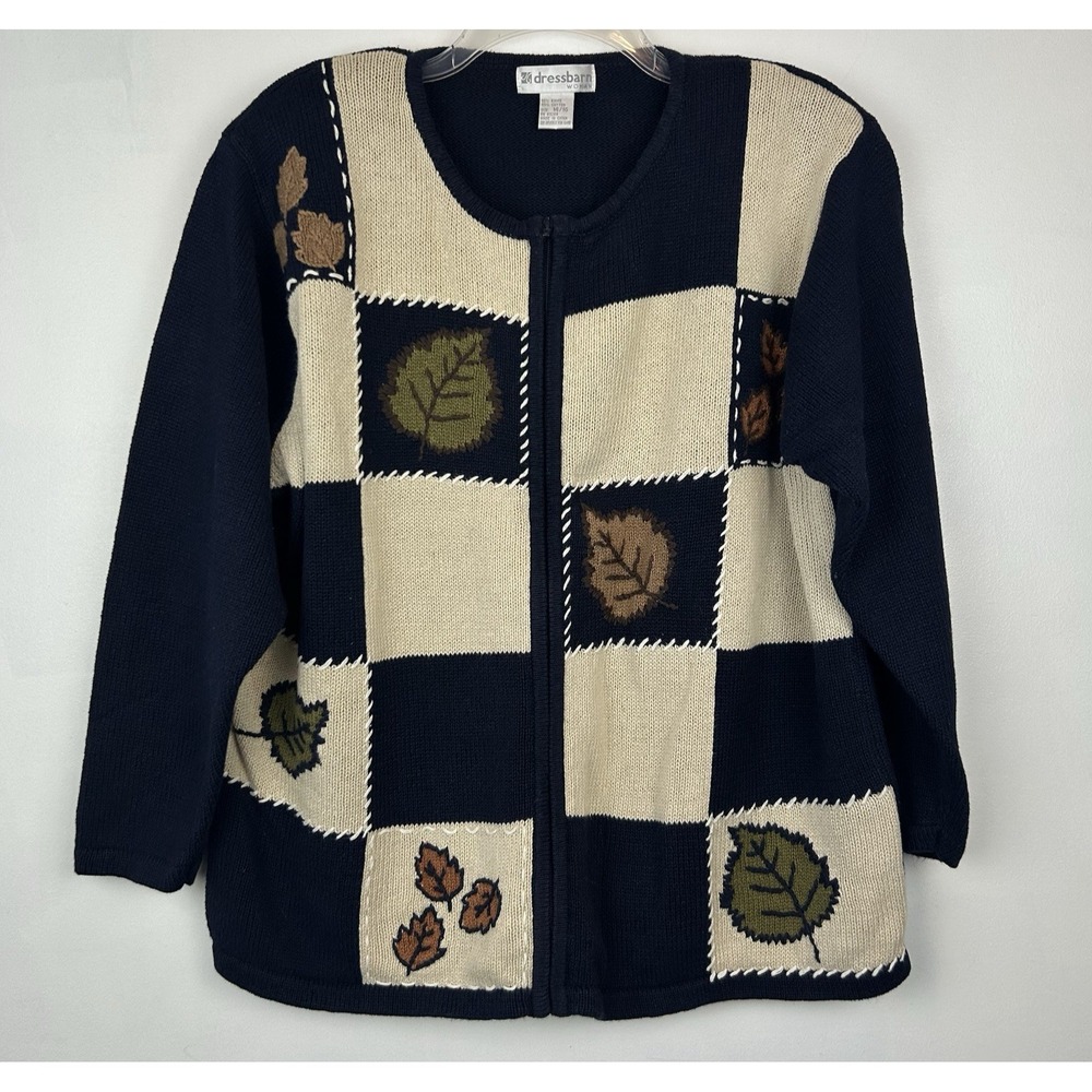 Vintage Fall Leaf Sweater Womens 14 Navy Cardigan Zip XL Applique Teacher Pads